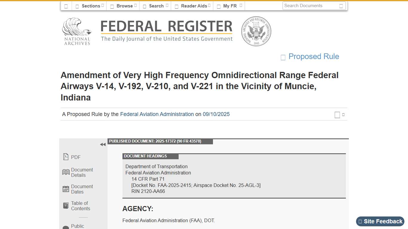 Federal Register :: Amendment of Very High Frequency Omnidirectional Range Federal Airways V-14, V-192, V-210, and V-221 in the Vicinity of Muncie, Indiana